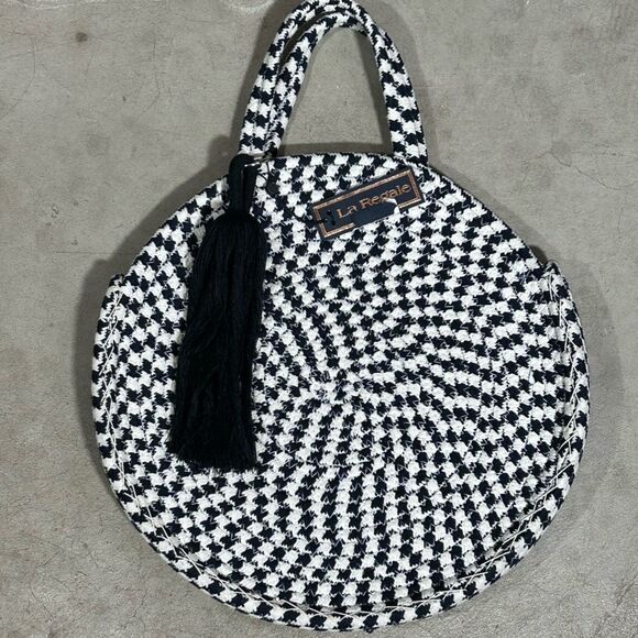 NWT La Regale Round White Navy Blue Cotton Woven Handbag - Picture 11 of 11